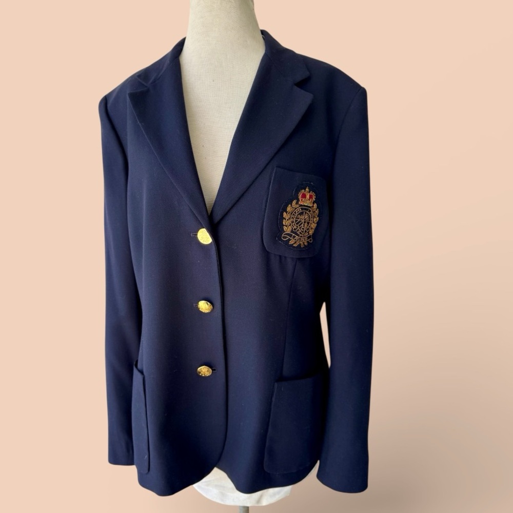 Vtg LRL Ralph Lauren Navy Wool Crest Logo Blazer Sz 16 Classic Collegiate